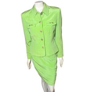 FY 2 Bright Green 100% Silk Women's 2 Piece Lined Suit